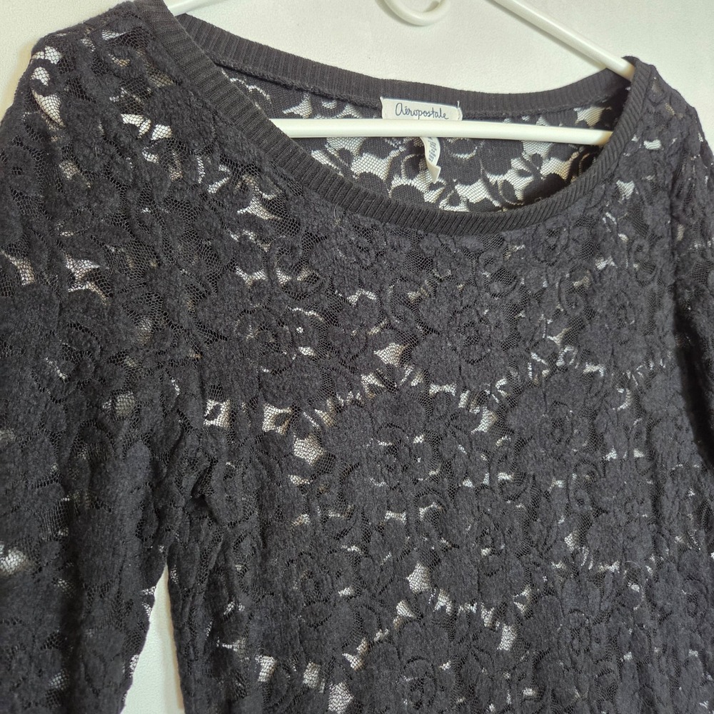Aeropostale Lace Top Women Size M Black Y2K Minimalist Sheer Floral Long Sleeve